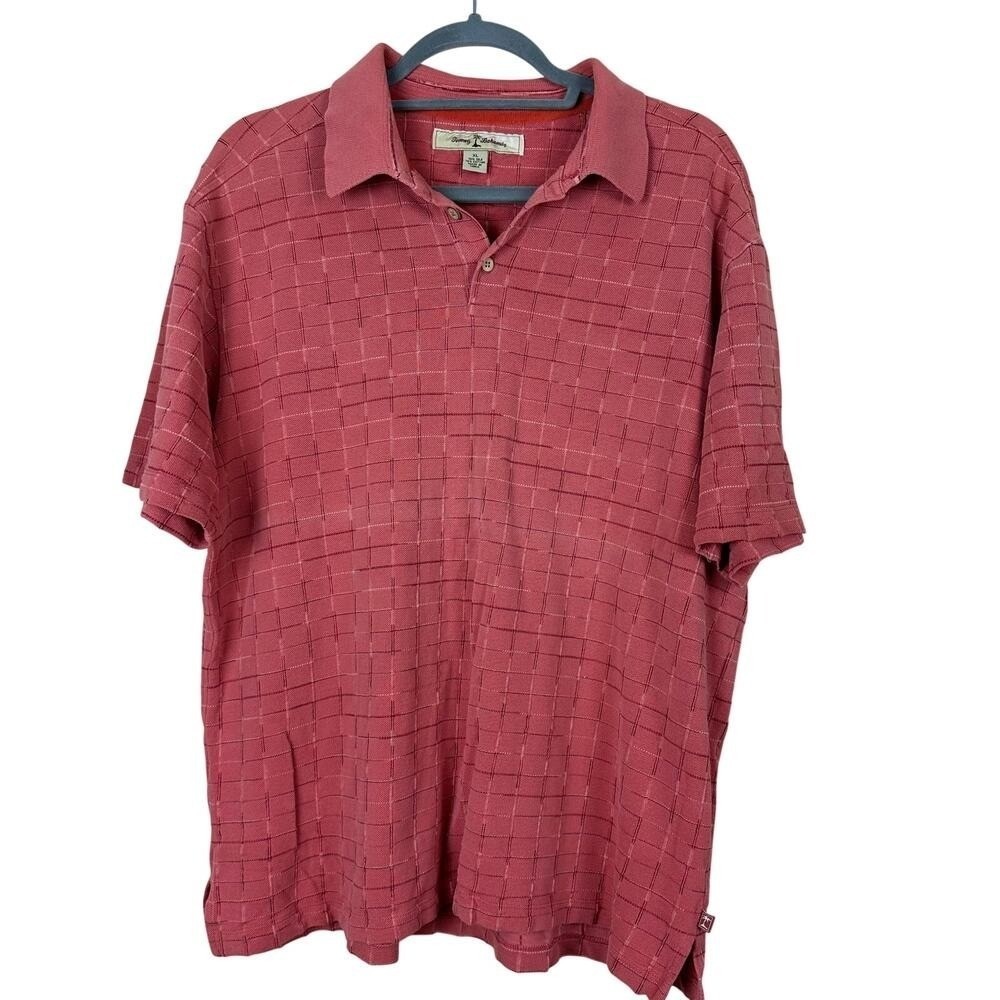 Tommy Bahama Silk CottonBlend Salmon Pink Wood Buttons Resort Golf Polo Shirt XL